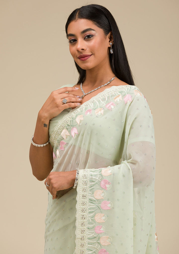 Pista Green Sequins Georgette Saree-Koskii