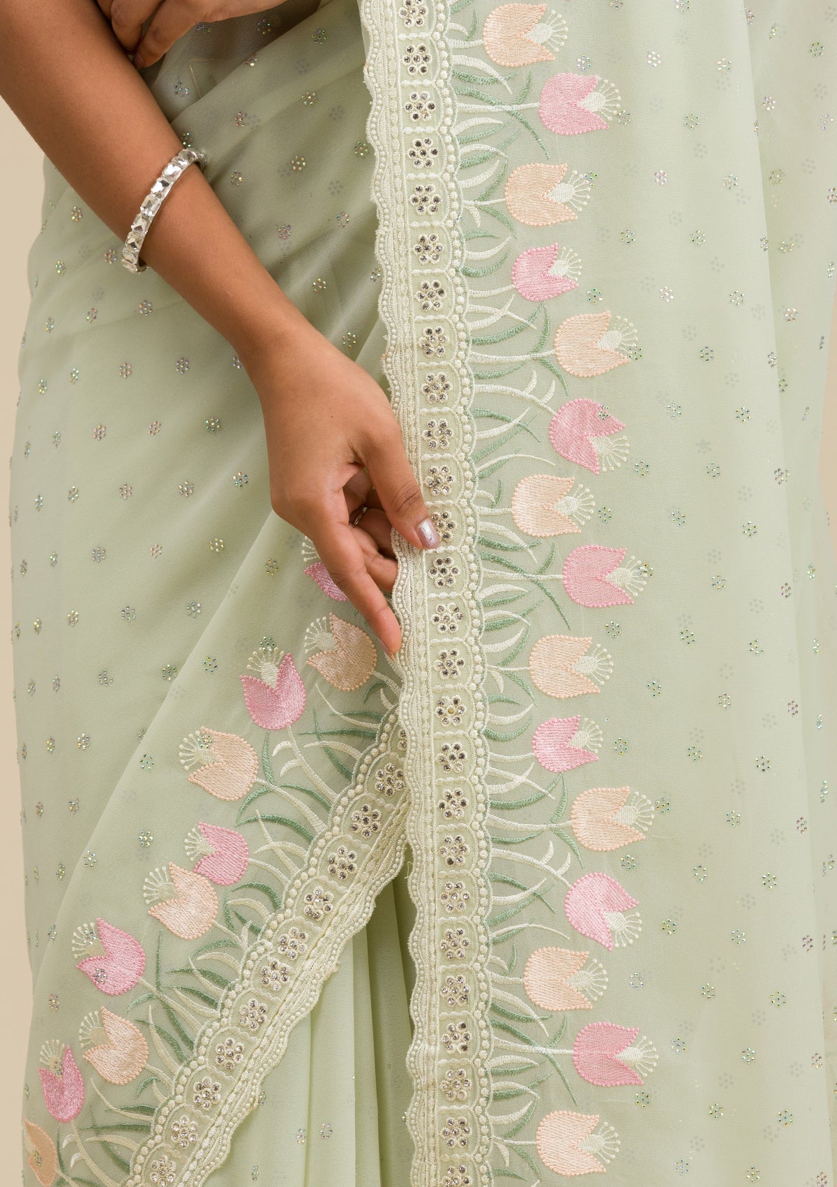 Pista Green Sequins Georgette Saree-Koskii