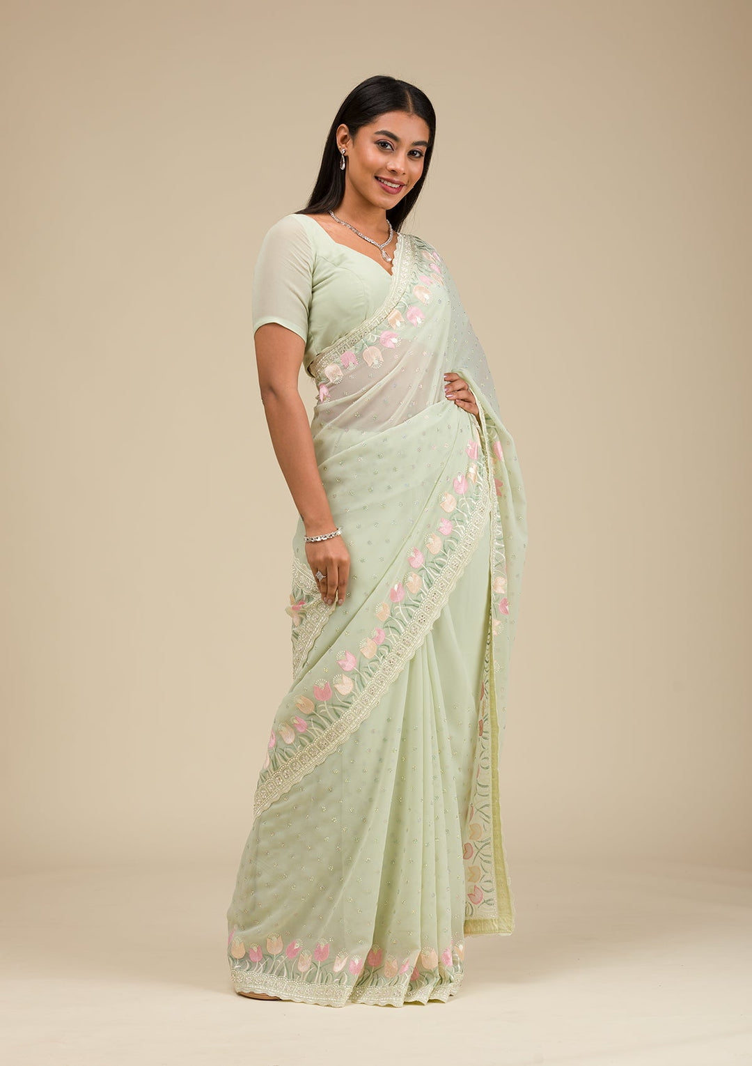 Pista Green Sequins Georgette Saree-Koskii