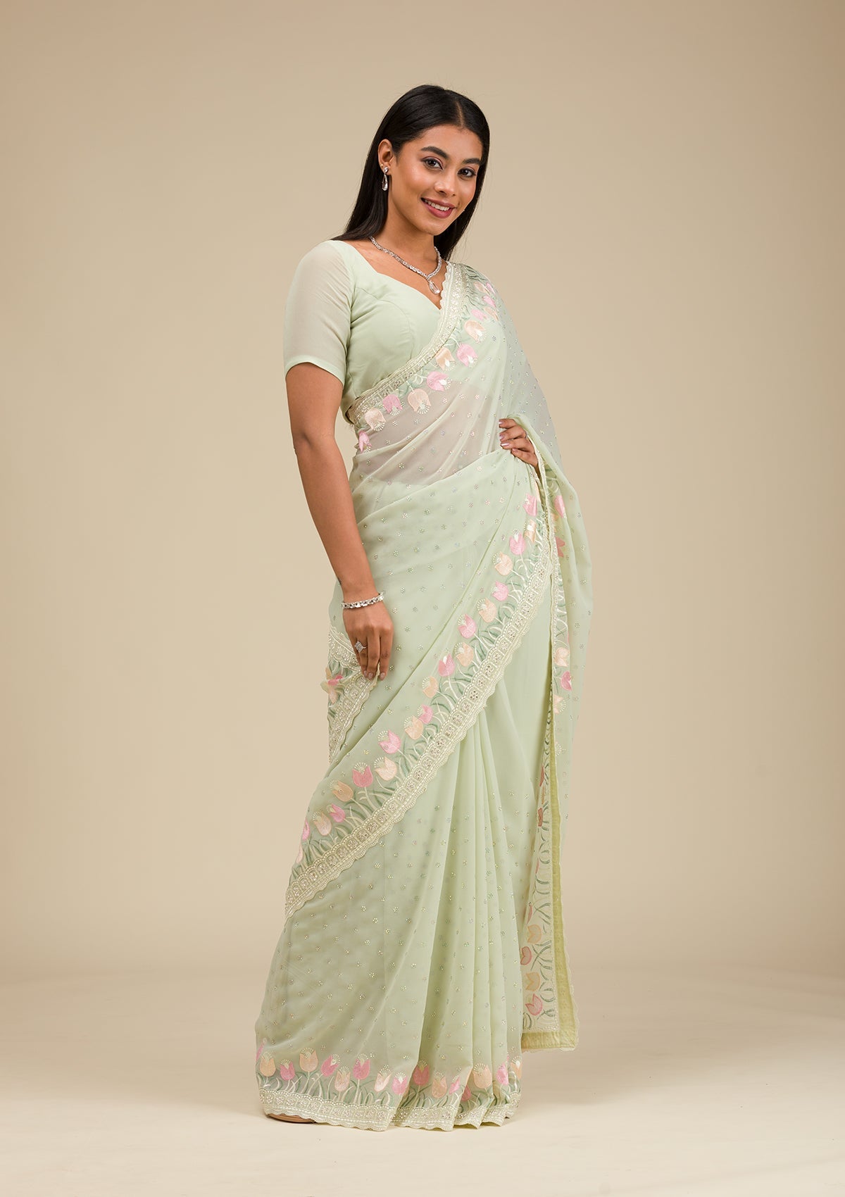 Pista Green Sequins Georgette Saree-Koskii