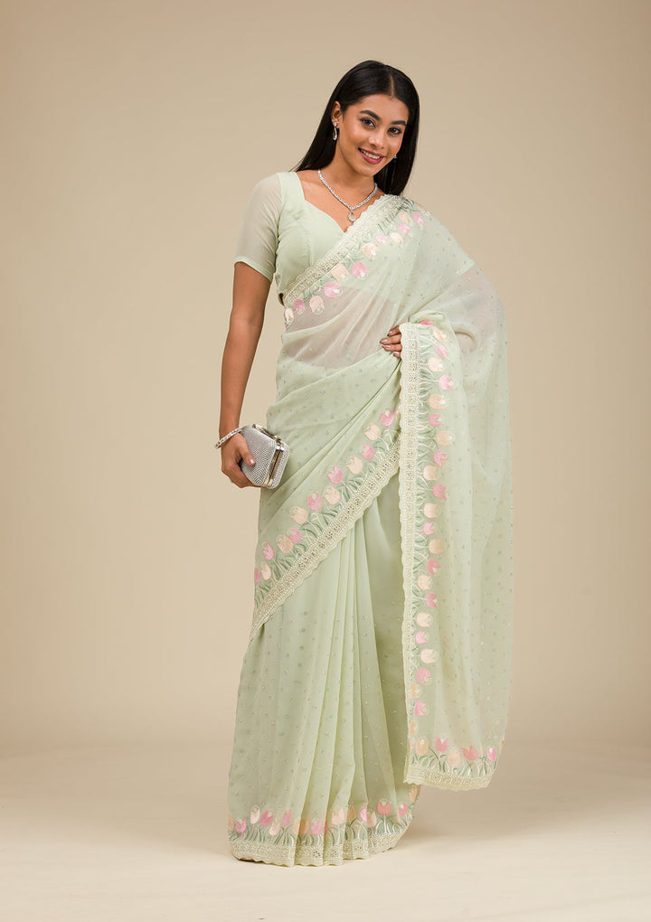 Pista Green Sequins Georgette Saree-Koskii