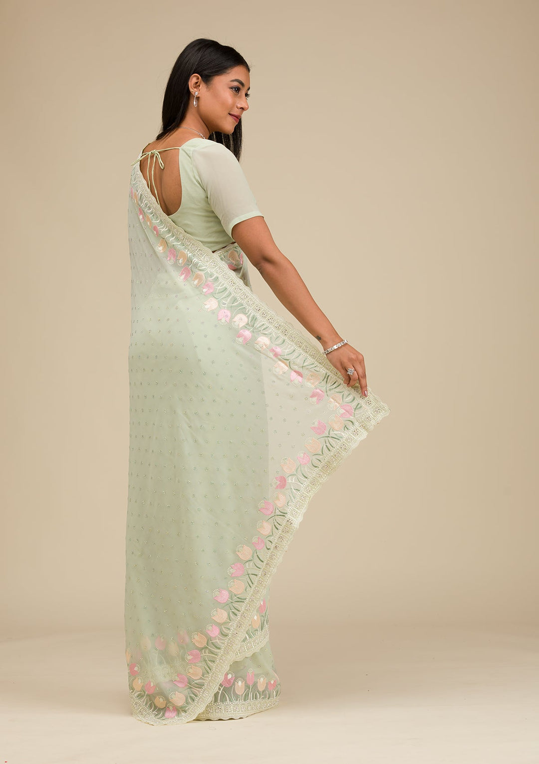 Pista Green Sequins Georgette Saree-Koskii