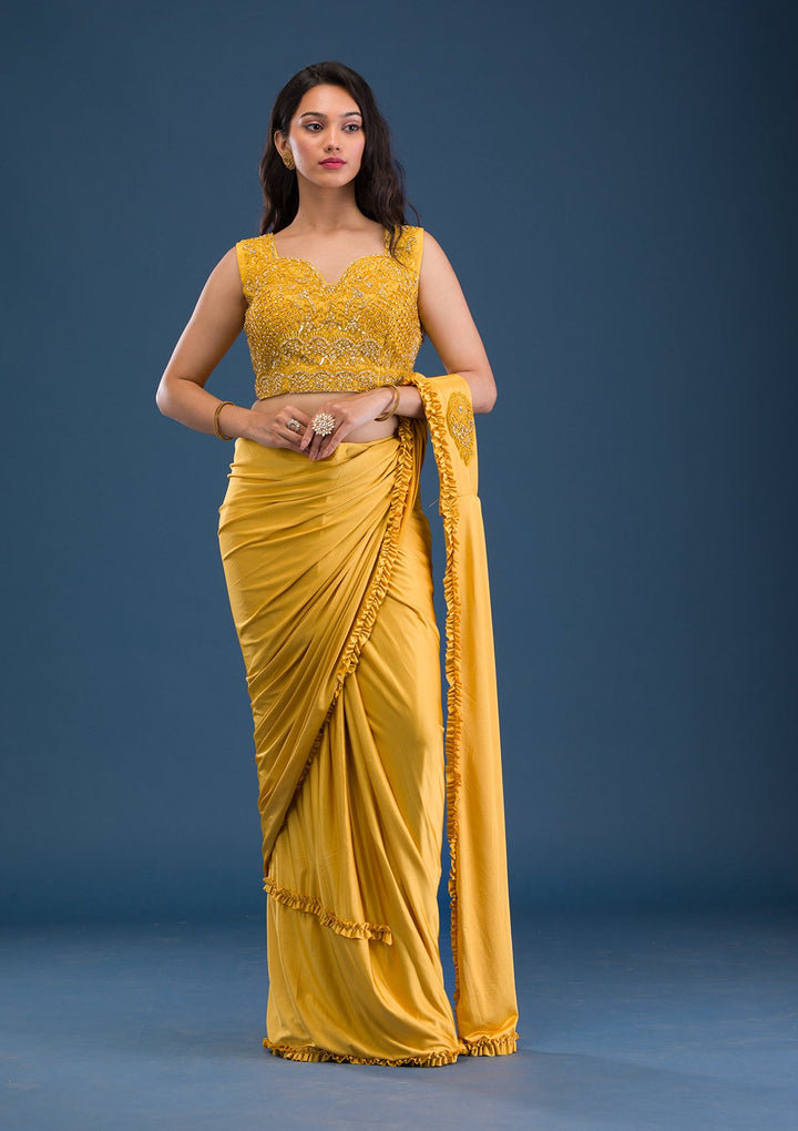 Mustard Sequins Lycra Saree-Koskii