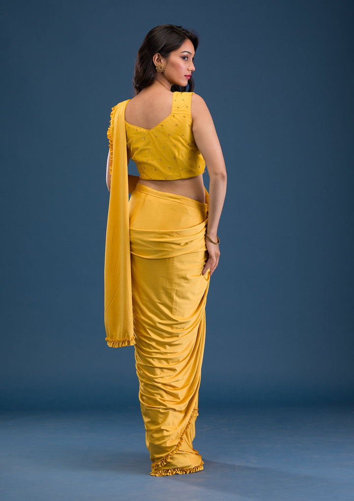 Mustard Sequins Lycra Saree-Koskii