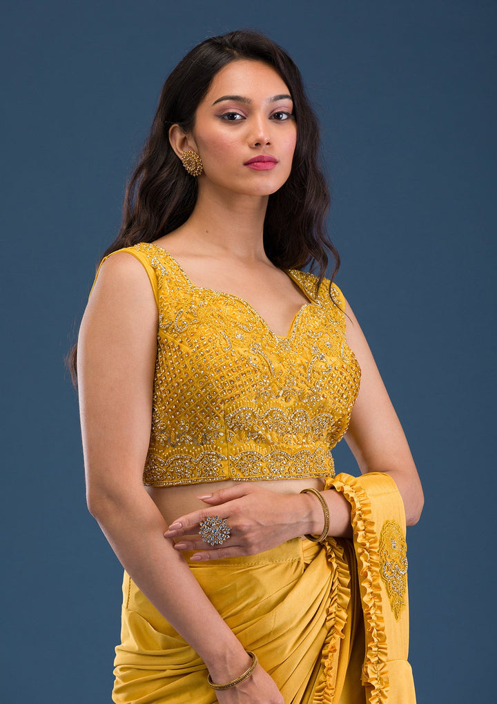 Mustard Sequins Lycra Saree-Koskii