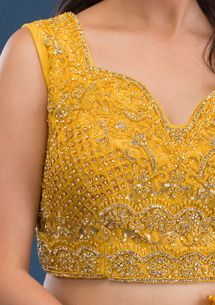 Mustard Sequins Lycra Saree-Koskii