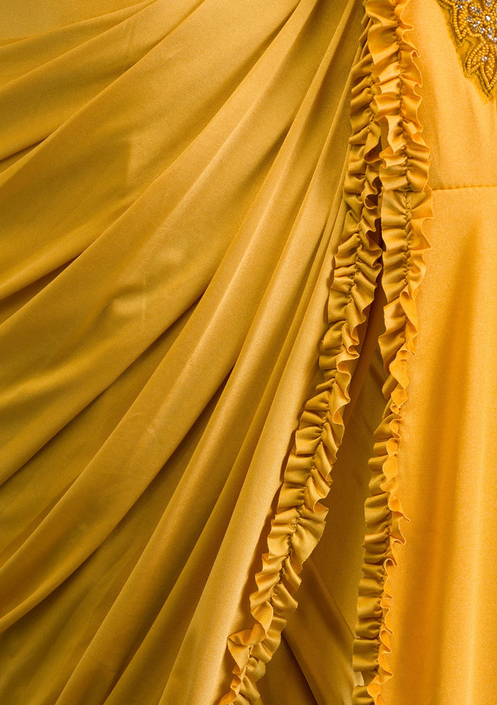 Mustard Sequins Lycra Saree-Koskii