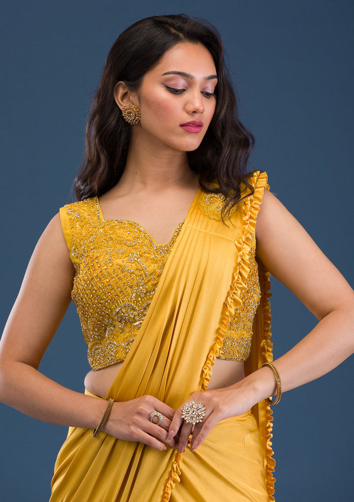 Mustard Sequins Lycra Saree-Koskii