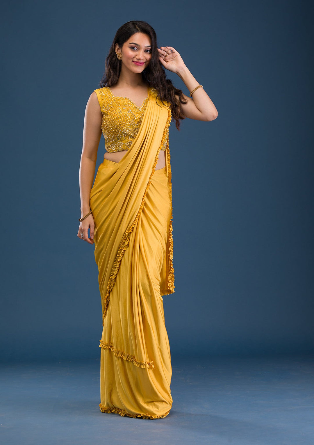 Mustard Sequins Lycra Saree-Koskii