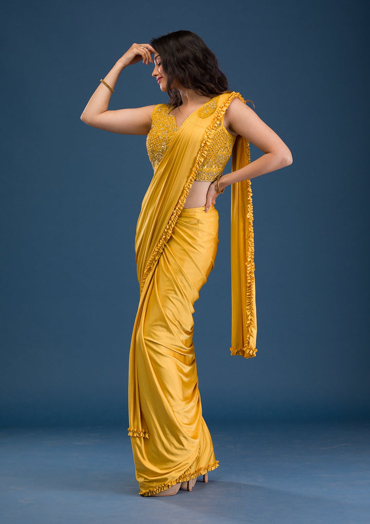 Mustard Sequins Lycra Saree-Koskii