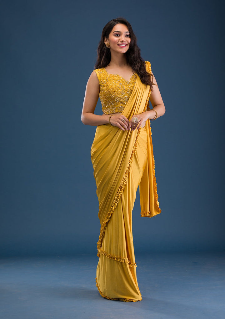 Mustard Sequins Lycra Saree-Koskii