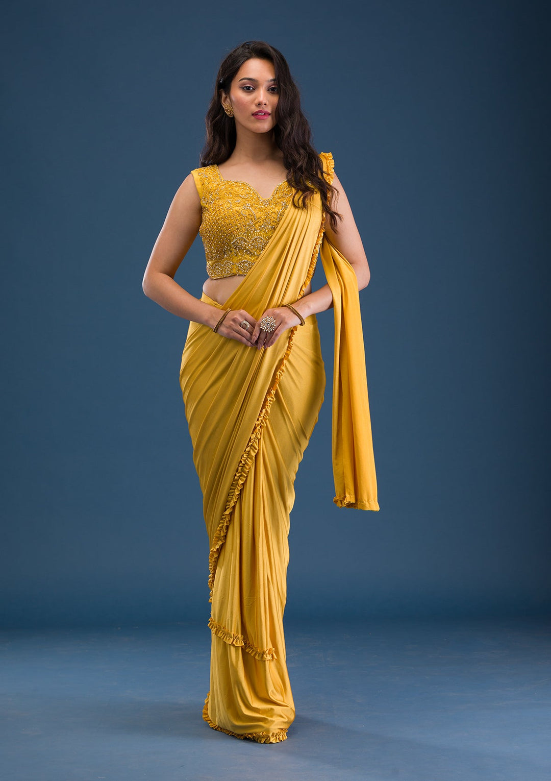 Mustard Sequins Lycra Saree-Koskii