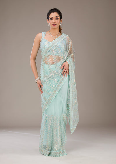 Pista Green Sequins Net Saree