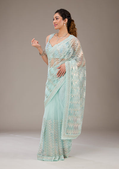 Pista Green Sequins Net Saree