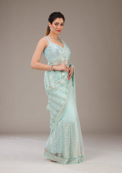 Pista Green Sequins Net Saree