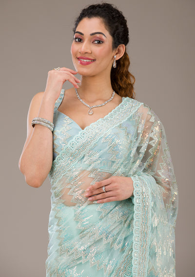 Pista Green Sequins Net Saree