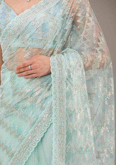 Pista Green Sequins Net Saree