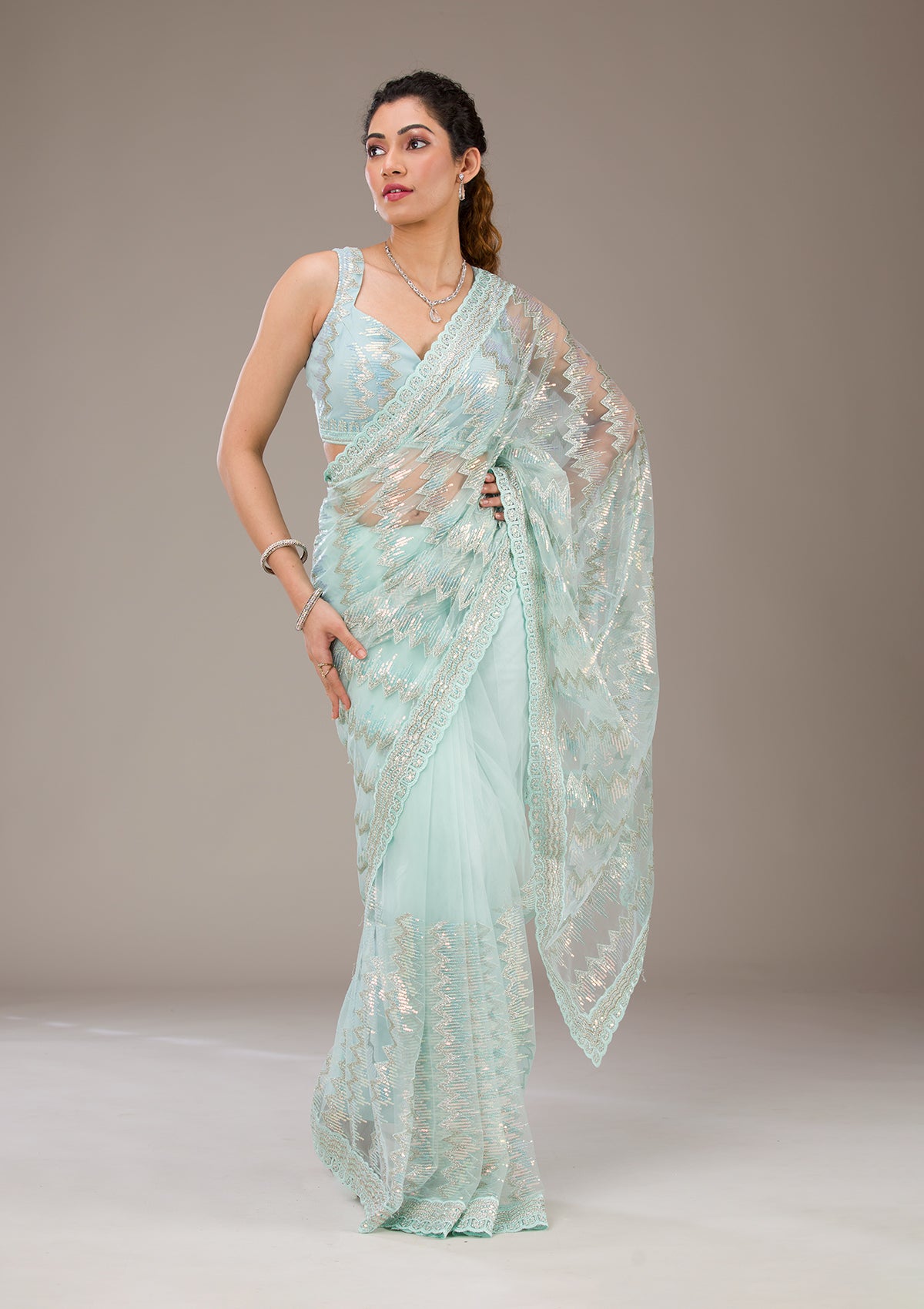 Pista Green Sequins Net Saree