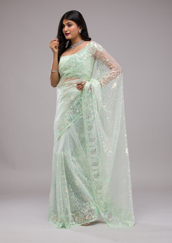 Pista Green Sequins Net Saree-Koskii