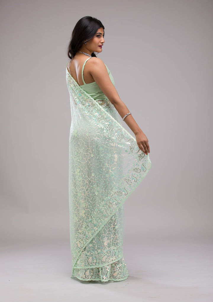 Pista Green Sequins Net Saree-Koskii