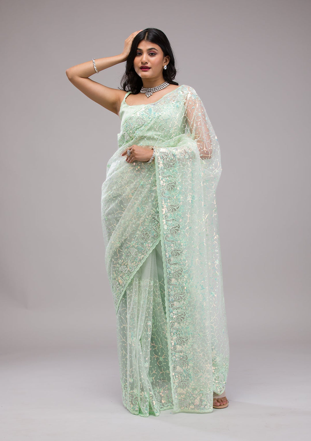 Pista Green Sequins Net Saree-Koskii