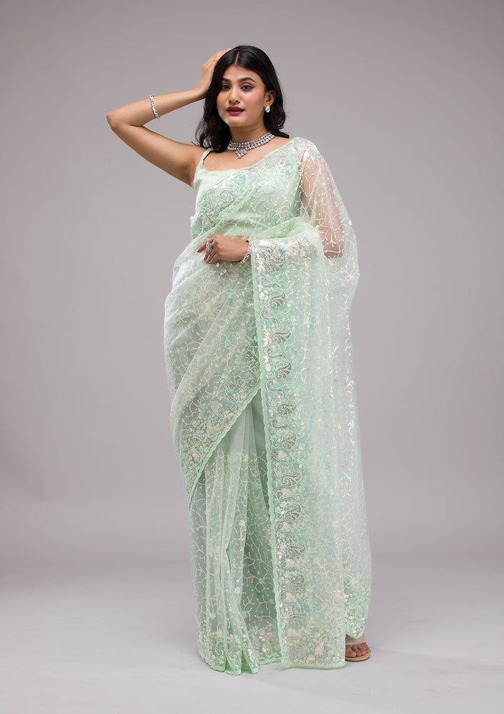 Pista Green Sequins Net Saree-Koskii