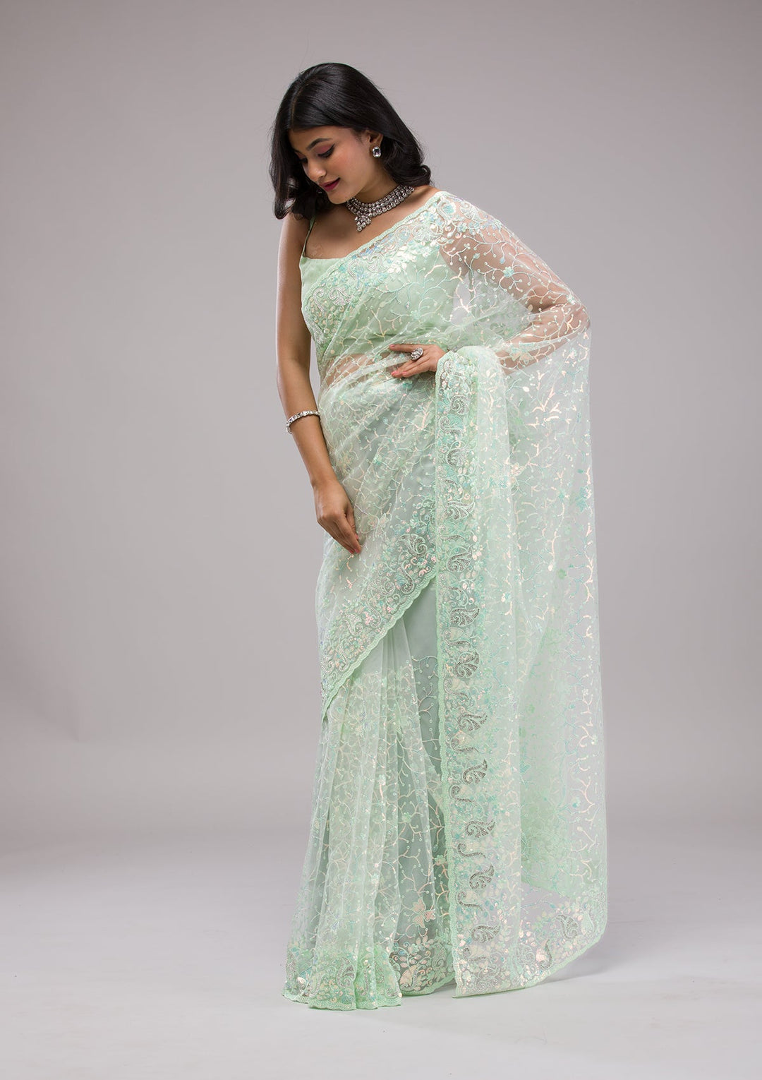 Pista Green Sequins Net Saree-Koskii