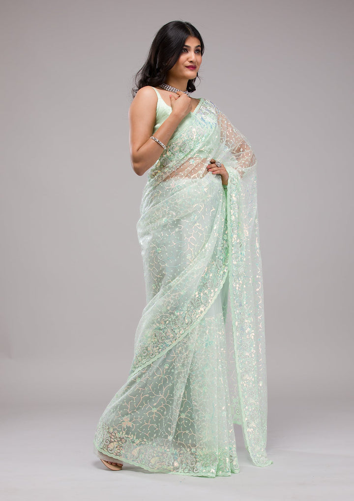 Pista Green Sequins Net Saree-Koskii
