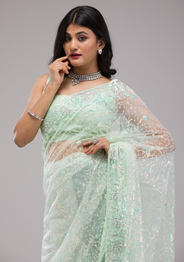 Pista Green Sequins Net Saree-Koskii