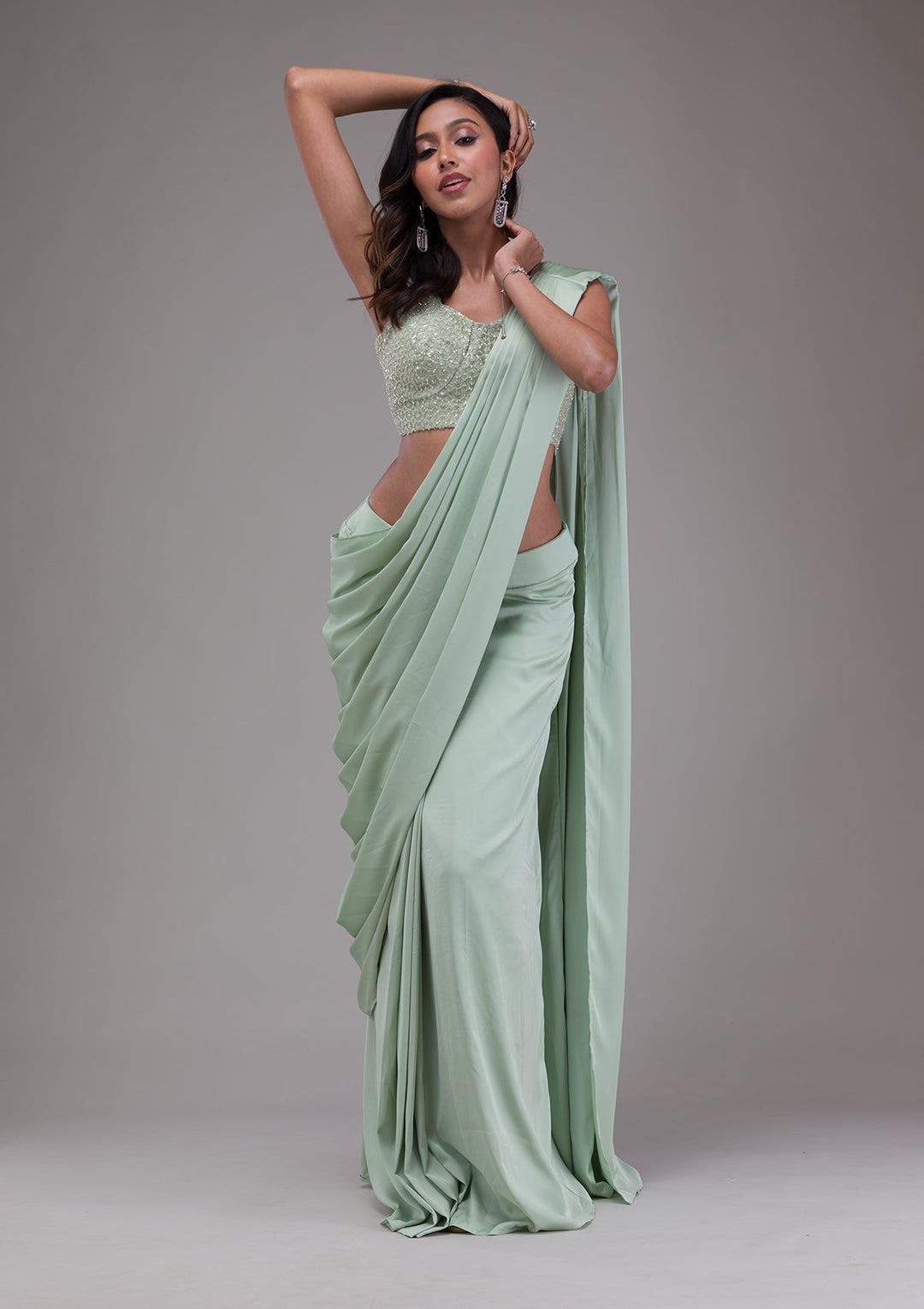 Pista Green Sequins Satin Saree-Koskii