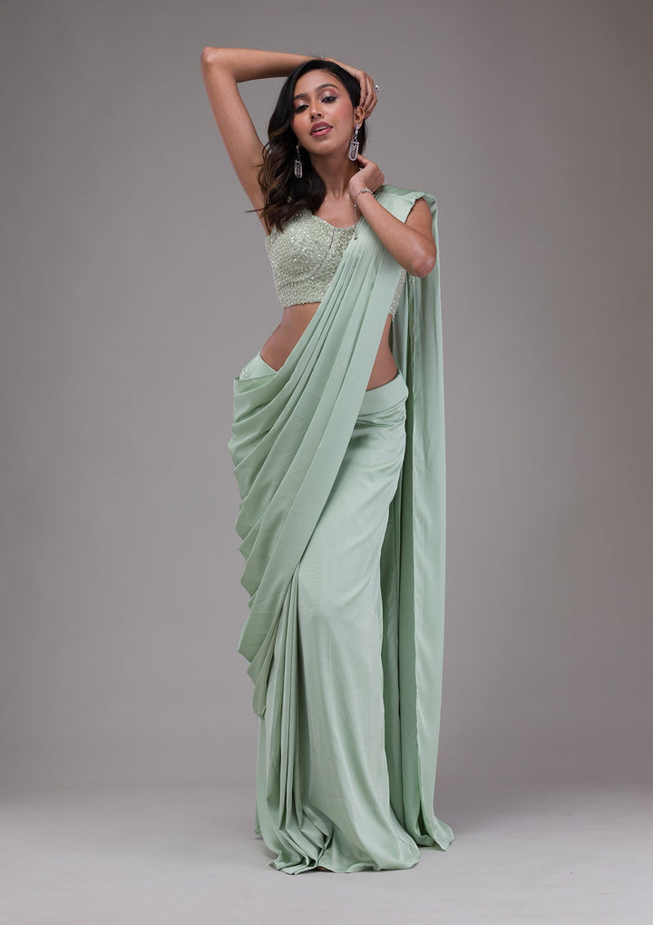 Pista Green Sequins Satin Saree-Koskii