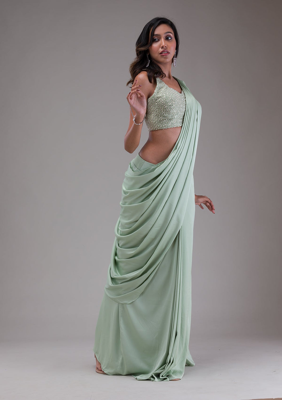 Pista Green Sequins Satin Saree-Koskii