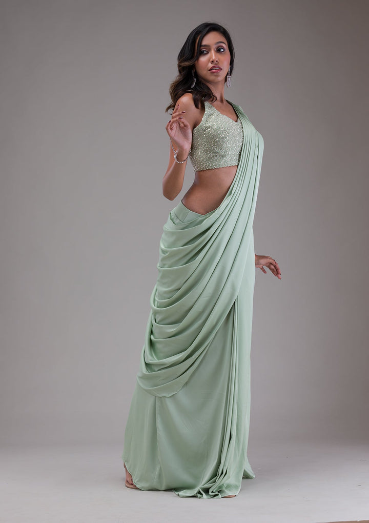 Pista Green Sequins Satin Saree-Koskii