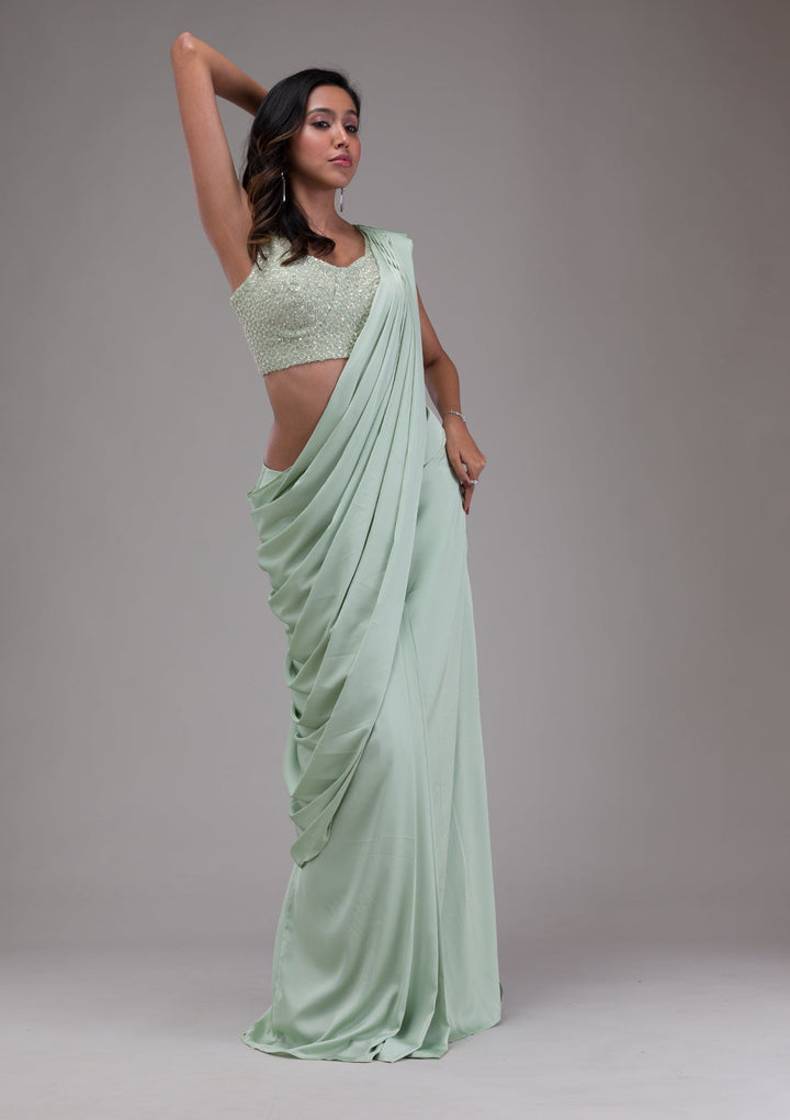 Pista Green Sequins Satin Saree-Koskii