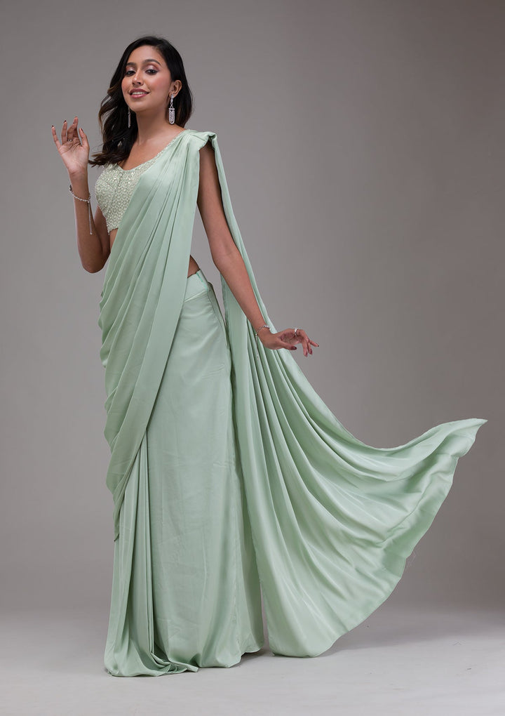 Pista Green Sequins Satin Saree-Koskii