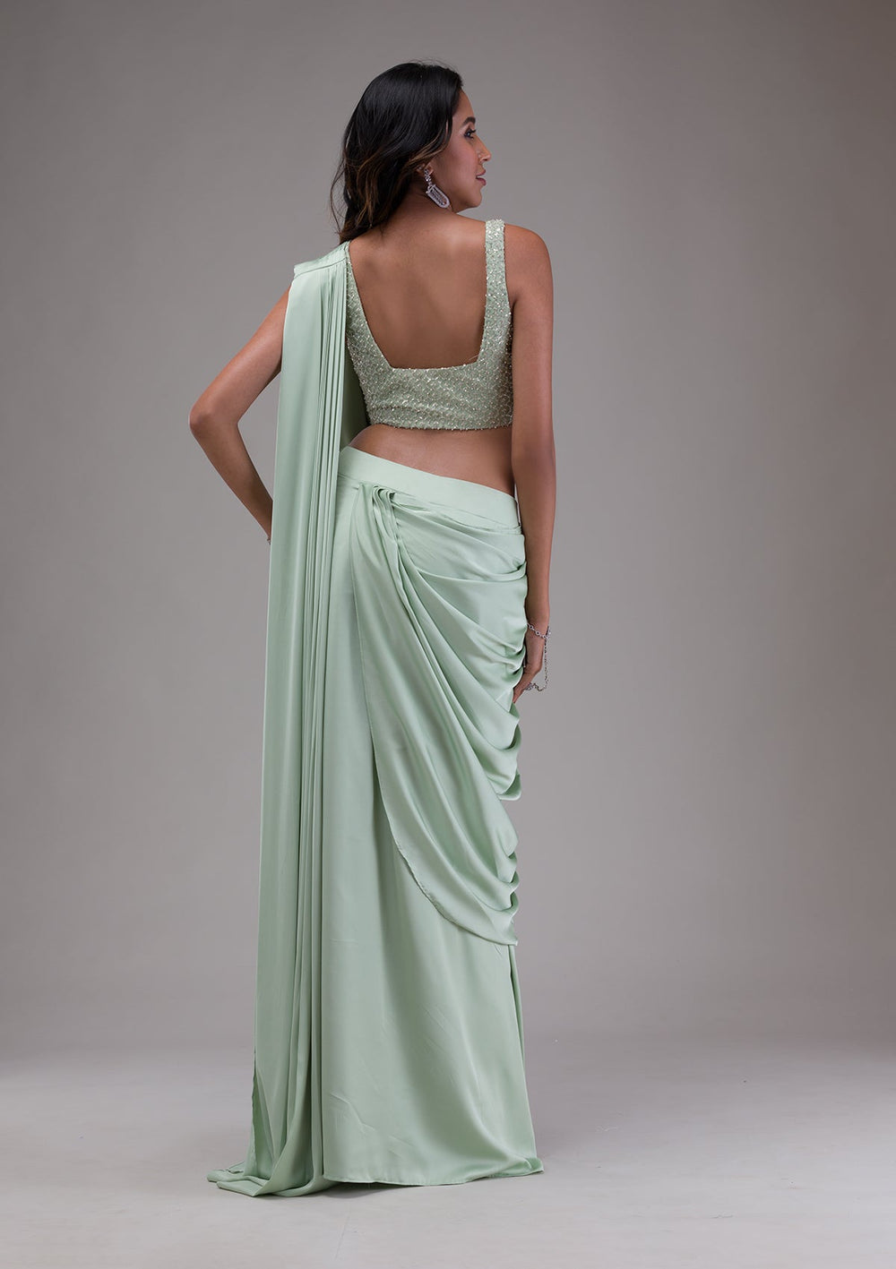 Pista Green Sequins Satin Saree-Koskii
