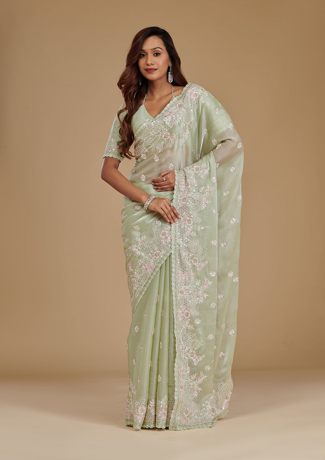 Pista Green Sequins Tissue Saree-Koskii