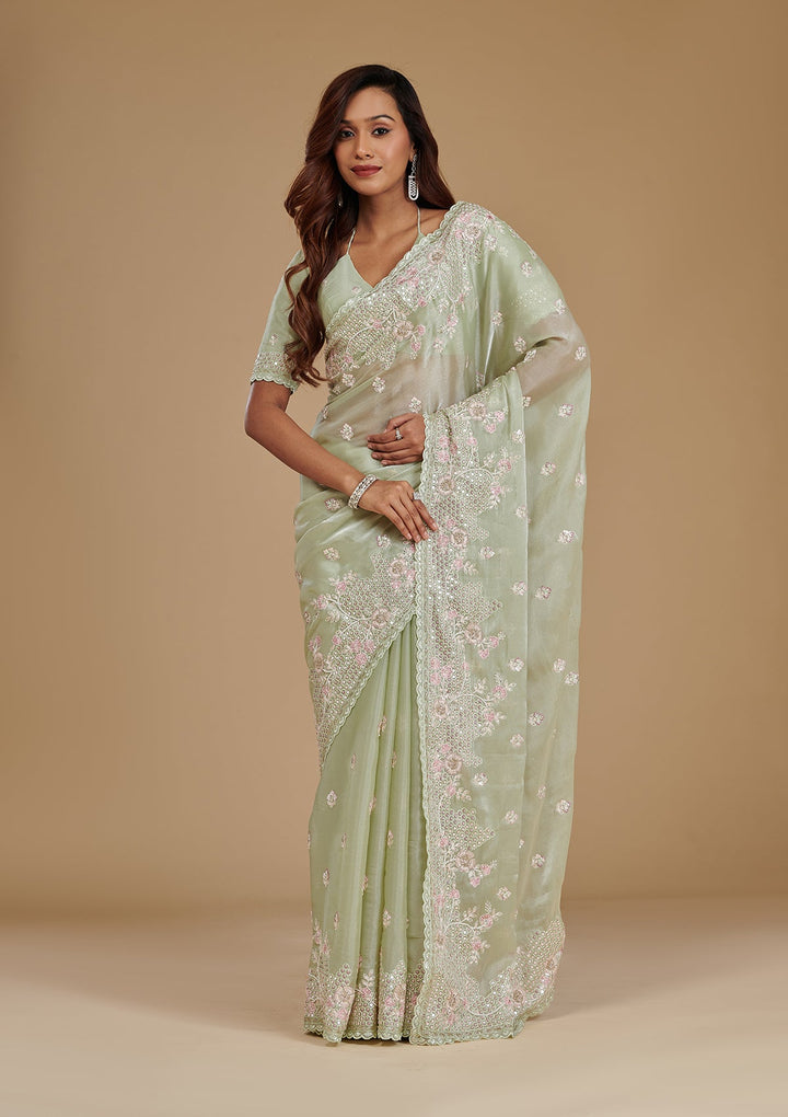 Pista Green Sequins Tissue Saree-Koskii