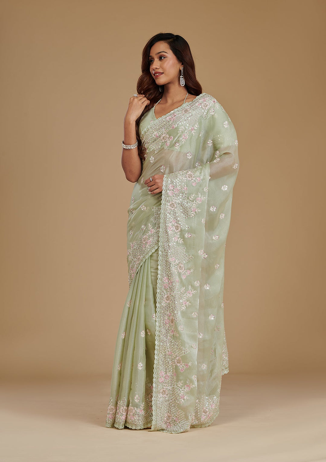 Pista Green Sequins Tissue Saree-Koskii