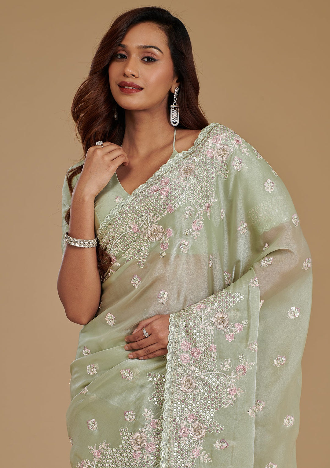 Pista Green Sequins Tissue Saree-Koskii