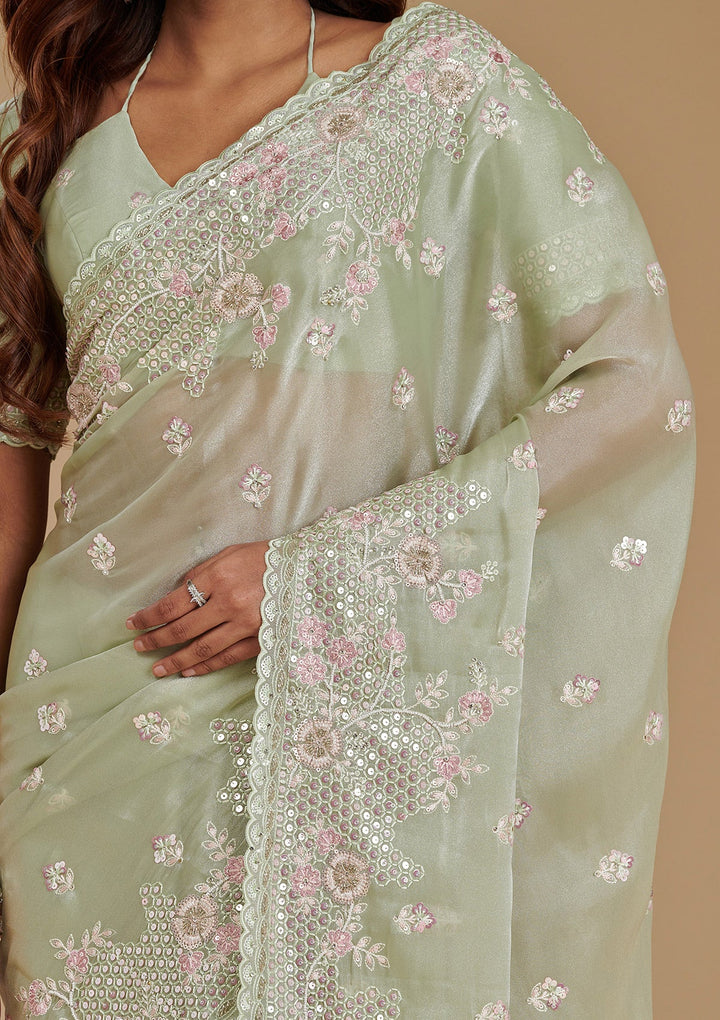 Pista Green Sequins Tissue Saree-Koskii