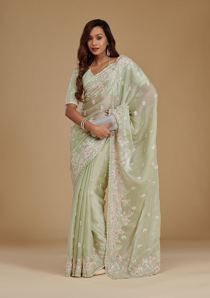 Pista Green Sequins Tissue Saree-Koskii
