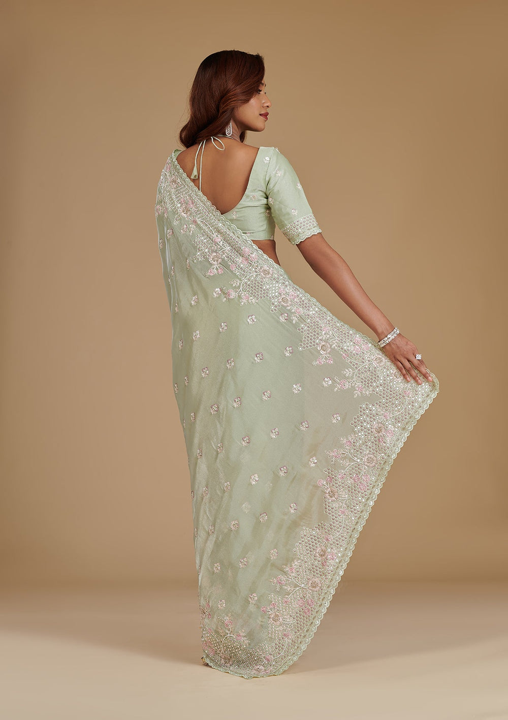 Pista Green Sequins Tissue Saree-Koskii