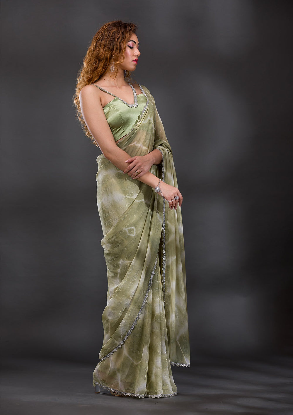 Pista Green Silver Stonework Shimmer Georgette Saree-Koskii