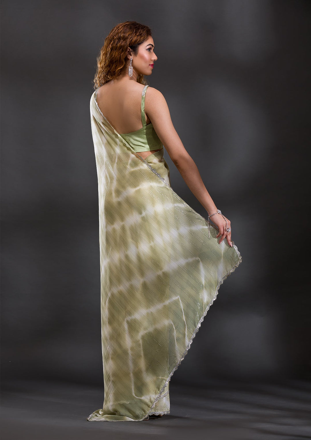 Pista Green Silver Stonework Shimmer Georgette Saree-Koskii