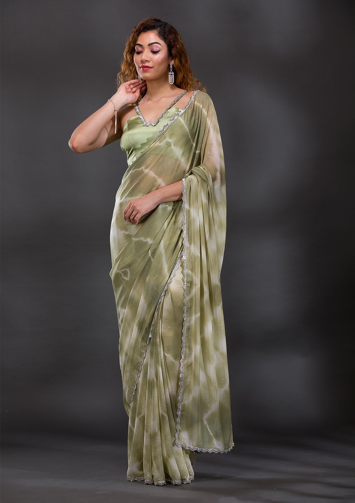 Pista Green Silver Stonework Shimmer Georgette Saree-Koskii