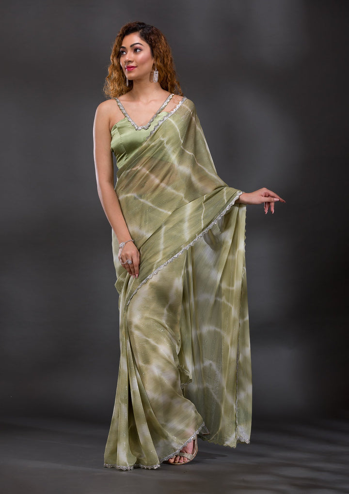 Pista Green Silver Stonework Shimmer Georgette Saree-Koskii
