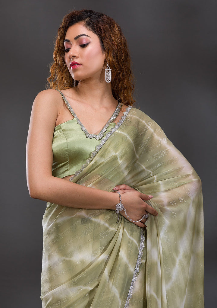 Pista Green Silver Stonework Shimmer Georgette Saree-Koskii