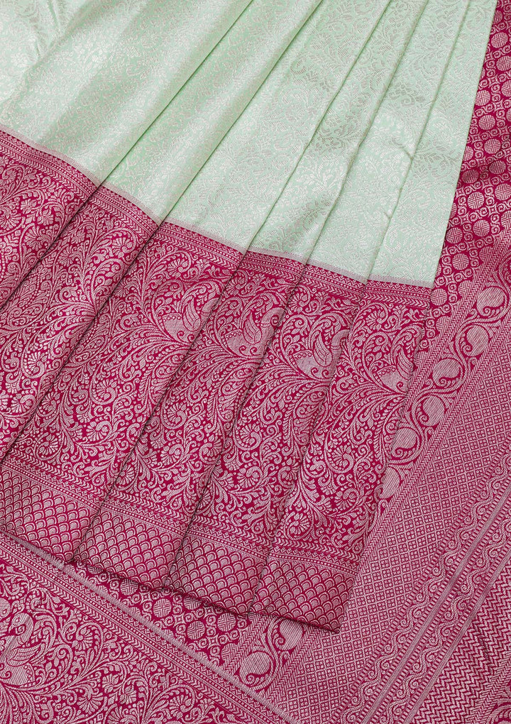 Pista Green Silver Zariwork Pure Silk Saree-Koskii