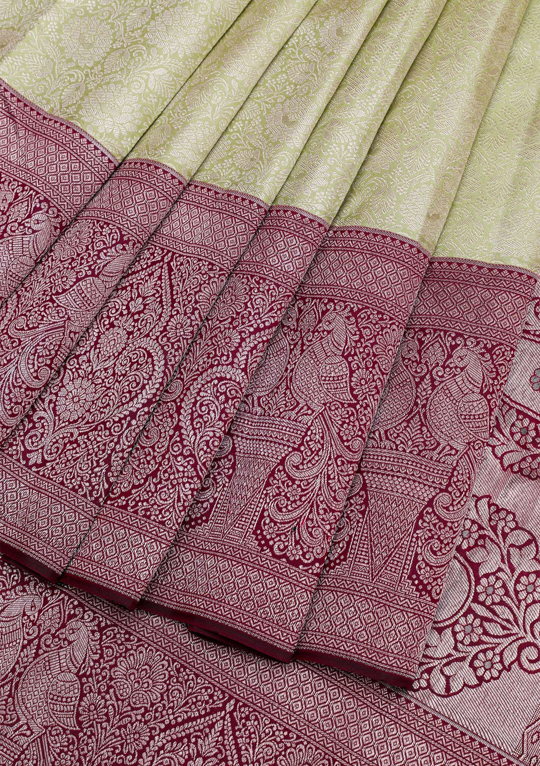 Pista Green Silver Zariwork Pure Silk Saree-Koskii